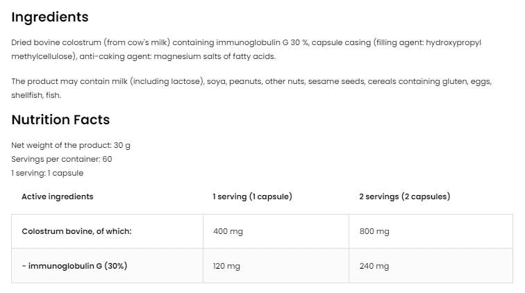Kolosztrum szarvasmarha 400 mg | 30% Immunoglobulin G 60 kapszula