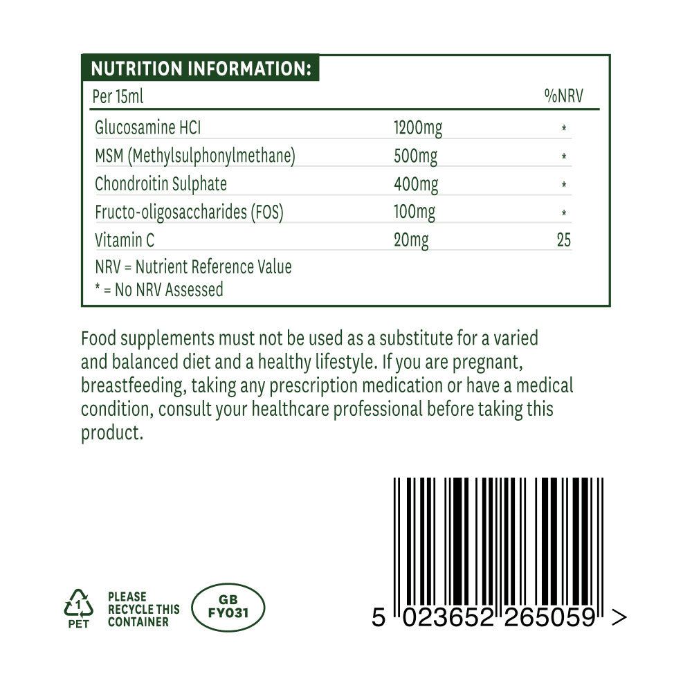 Koncentrált folyékony formula az egészséges ízületekért glükózaminnal, MSM-mel és kondroitinnal (glükózamin, MSM & Kondroitin folyadék) 500ml NaturesAid