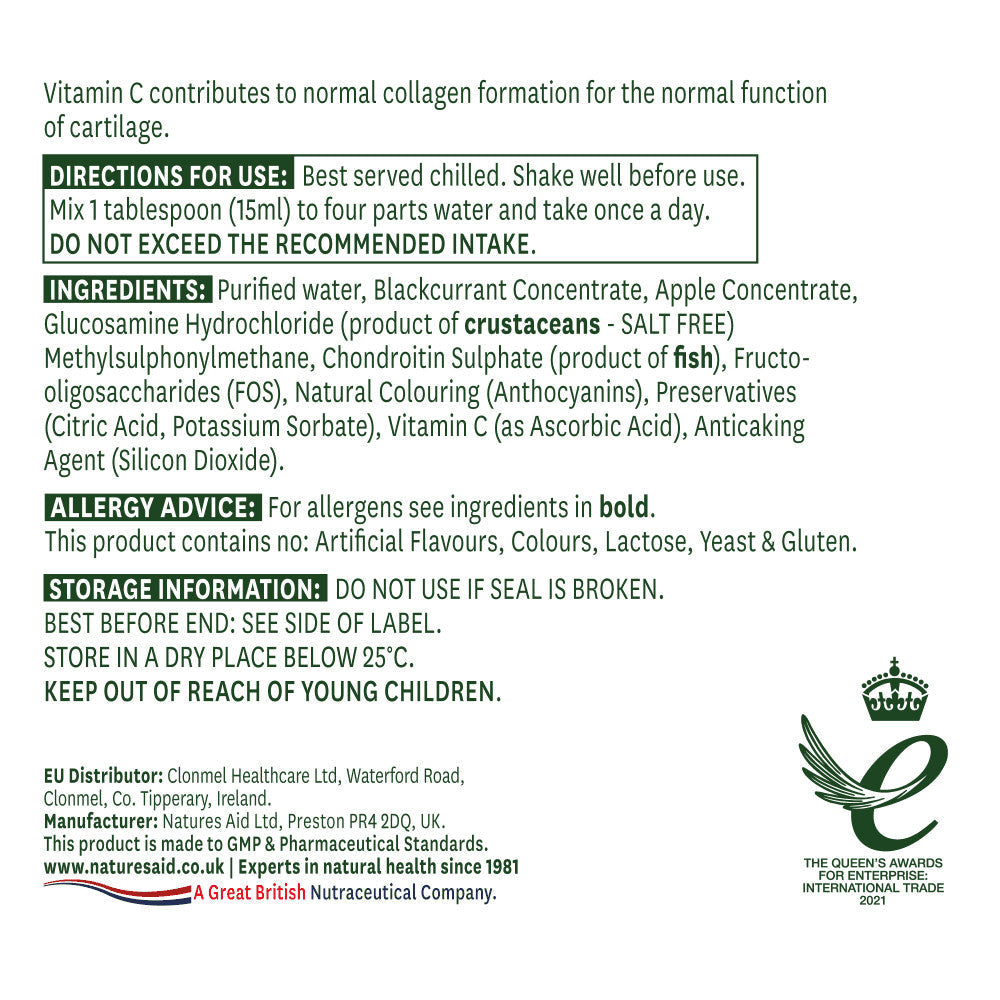 Koncentrált folyékony formula az egészséges ízületekért glükózaminnal, MSM-mel és kondroitinnal (glükózamin, MSM & Kondroitin folyadék) 500ml NaturesAid