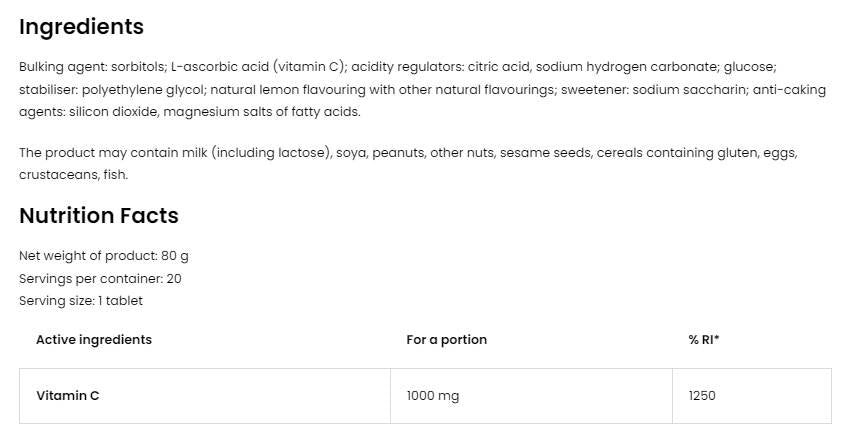 Vitamin C 1000 mg / Effervescent 20 soluble tablets - Nutra Best Europe