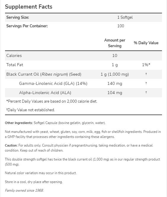 Black Currant Oil 1000 mg | Double Strength - 100 Gel capsules - Nutra Best Europe