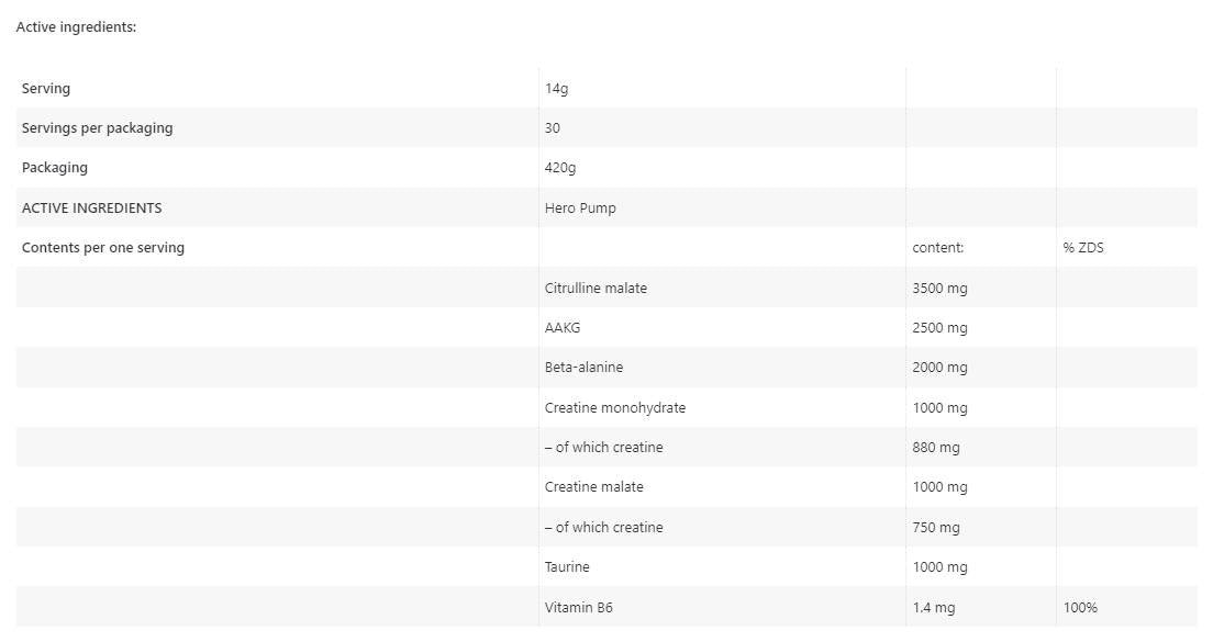 Hero Pump | Stim-Free Pre-Workout Formula - 420 grams - Nutra Best Europe