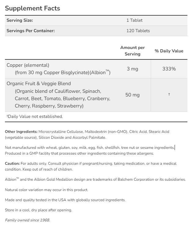 Copper Glycinate 3 mg | Albion™ Copper Bisglycinate - 120 Tablets - Nutra Best Europe