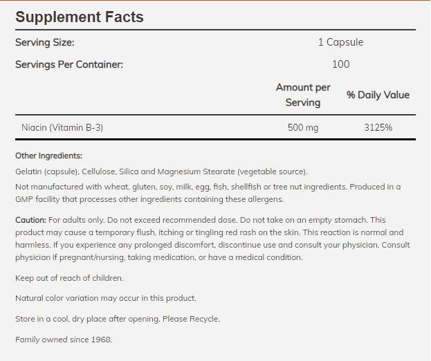 Niacin 500 mg - 100 capsules - Nutra Best Europe