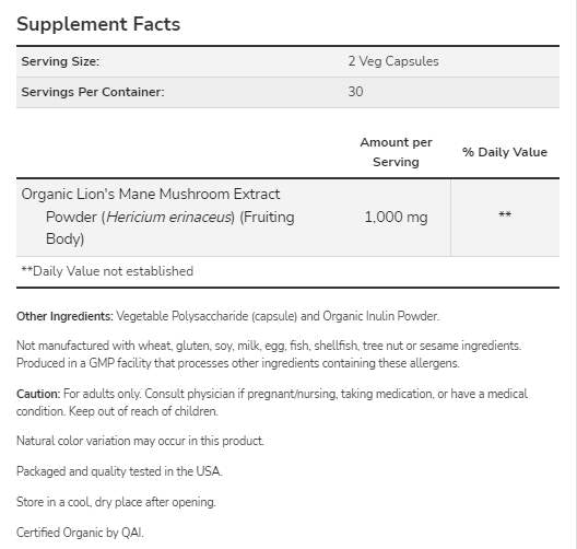 Oroszlánsörény 500 mg | Organikus oroszlánsörény gombával készült - 60 kapszula