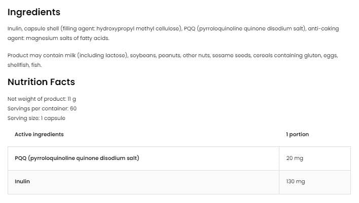 PQQ 20 mg 60 capsules - Nutra Best Europe
