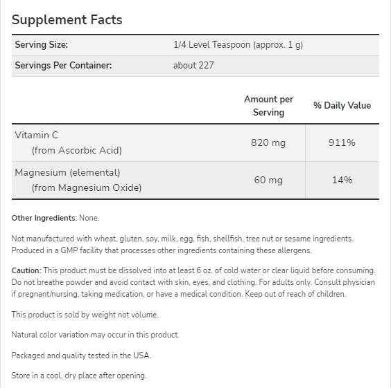 Magnézium-aszkorbát por | Tiszta, pufferolt C-vitamin - 227 gramm