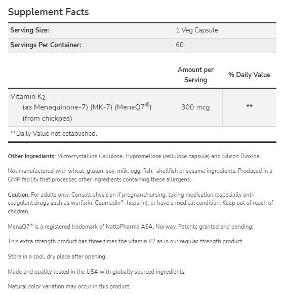 MK-7 Vitamin K-2 300 mcg | Extra Strength MenaQ7® - 60 capsules - Nutra Best Europe