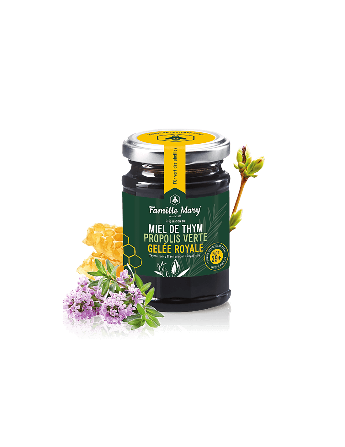 Miel De Thym, Propolis Verte, Gelee Royal /Kakukkfű méz, zöld propolisz és méhpempő, 200 g Famille Mary