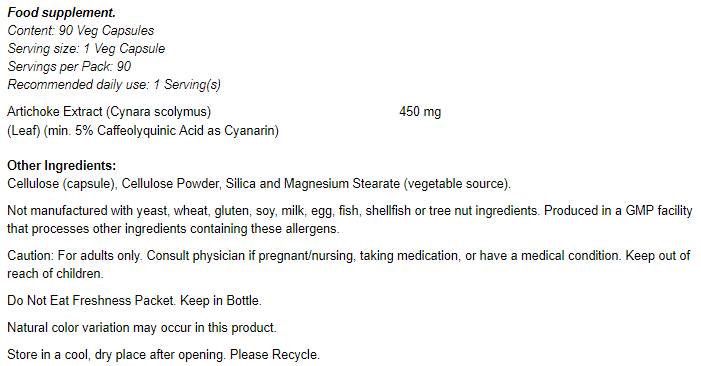 Artichoke Extract 450mg - 90 capsules - Nutra Best Europe