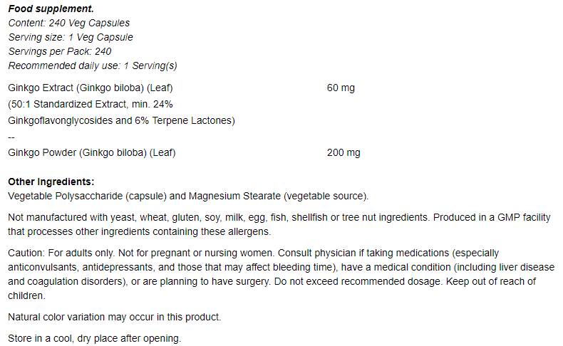 Ginkgo Biloba 60 mg - 240 capsules - Nutra Best Europe