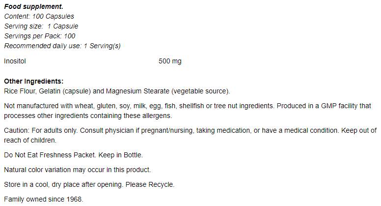 Inositol 500 mg - 100 capsules - Nutra Best Europe