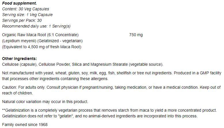 Raw MACA 6:1 Concentrate 750 mg - 30 capsules - Nutra Best Europe