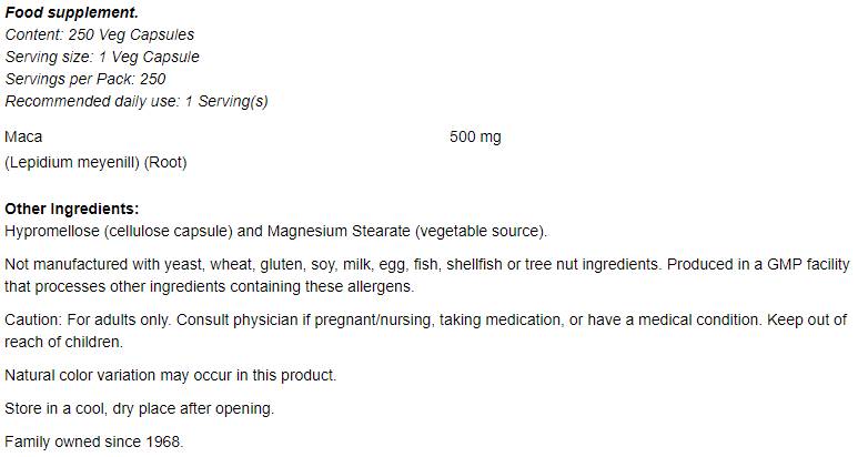 Maca 500 mg - 250 capsules - Nutra Best Europe