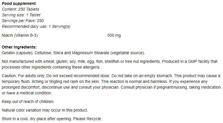 Niacin 500 mg - 250 Tablets - Nutra Best Europe