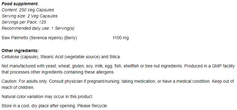 Saw Palmetto Berries 550 mg - 250 capsules - Nutra Best Europe