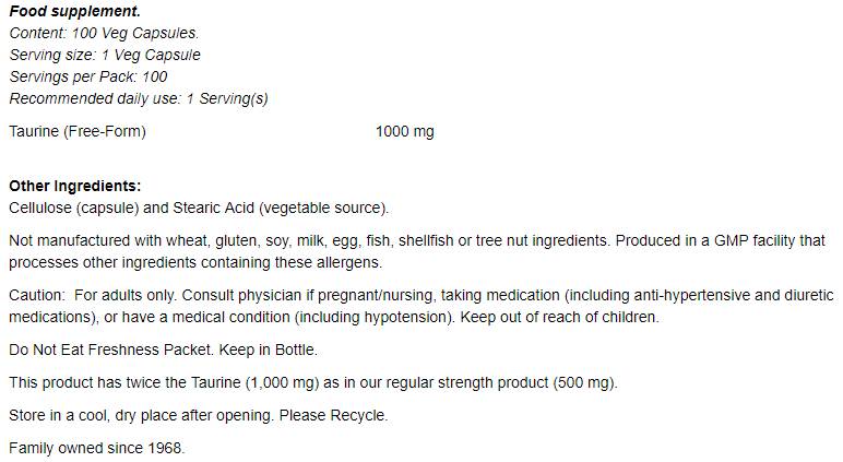 Taurine 1000 mg / Double Strength - 250 capsules - Nutra Best Europe