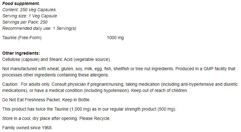 Taurine 1000 mg / Double Strength - 250 capsules - Nutra Best Europe