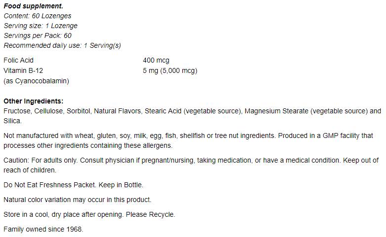 Vitamin B-12 5000 mcg with Folic Acid - 60 Sublingual tablets - Nutra Best Europe