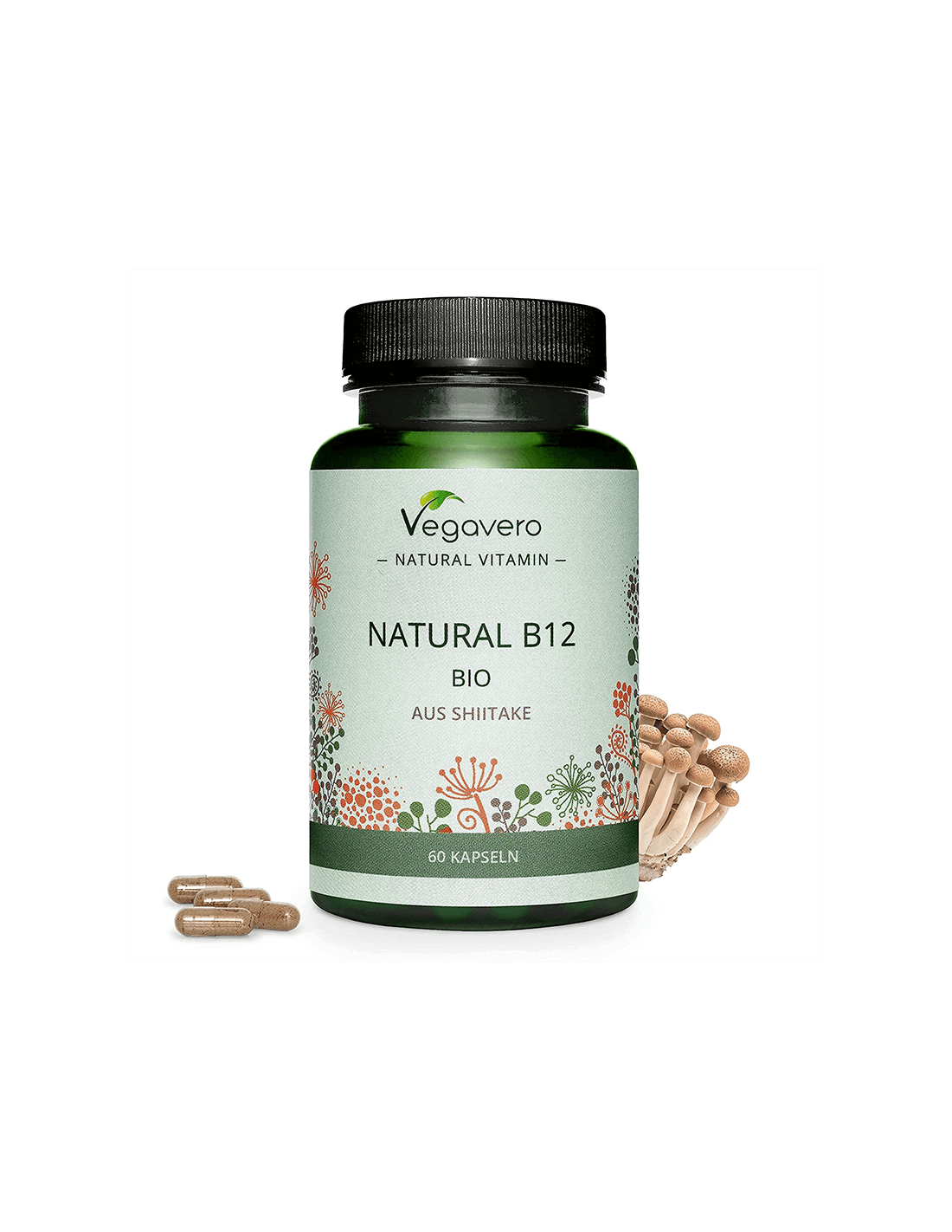 Természetes B12 BIO shiitake gombából/B12-vitamin (bio gyógyászati shiitake gombából), 60 kapszula, 100%-ban vegán <tc>Vegavero</tc>
