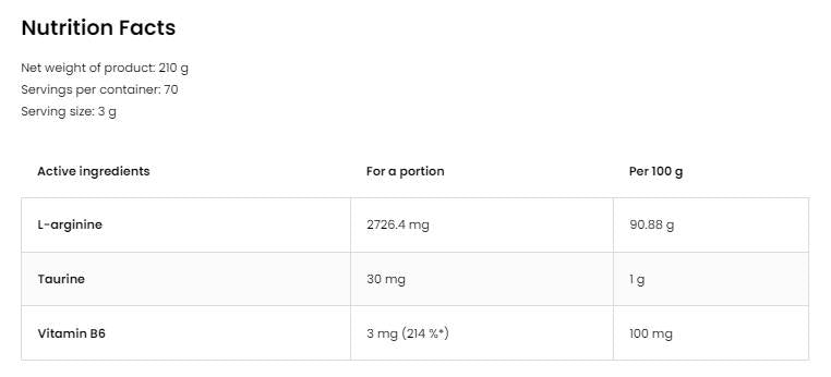 Arginine Powder 210 grams - Nutra Best Europe