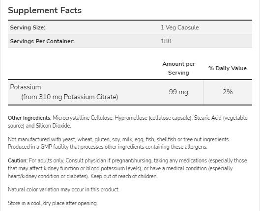 Potassium Citrate 99 mg - 180 capsules - Nutra Best Europe