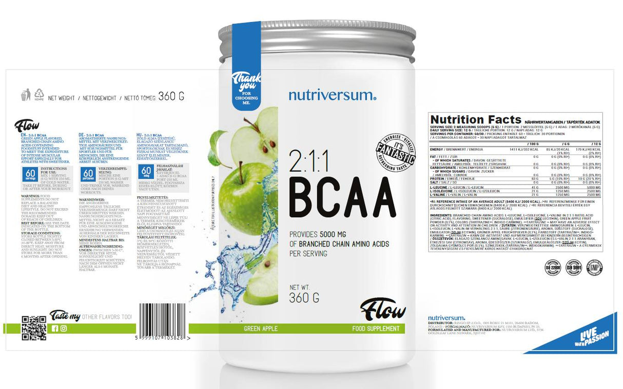 BCAA 2:1:1 Powder | Flow - 360 grams - Nutra Best Europe