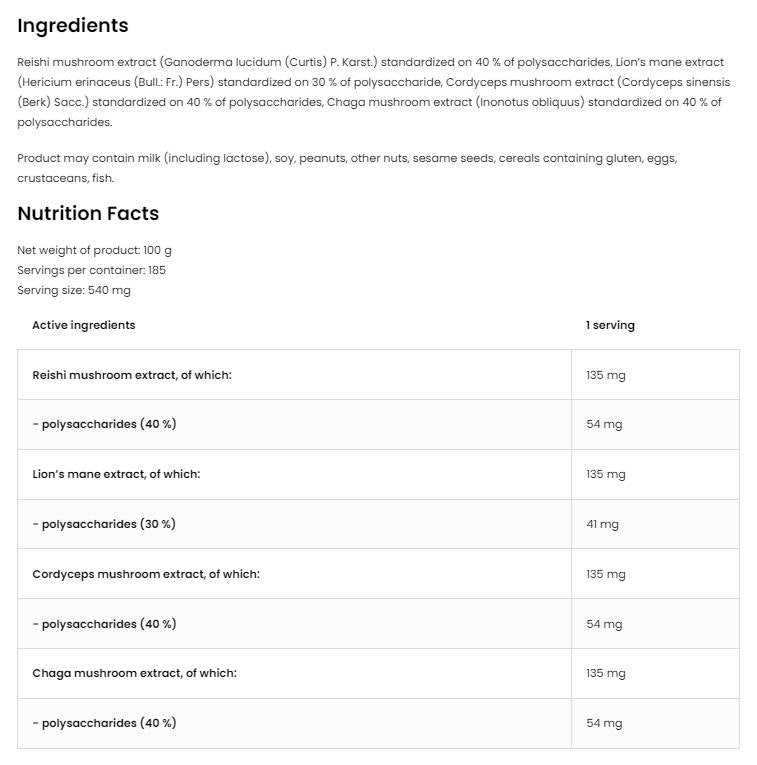 Quatro gomba keverék por | Oroszlánsörény ~ Reishi ~ Cordyceps ~ Chaga 100 gramm