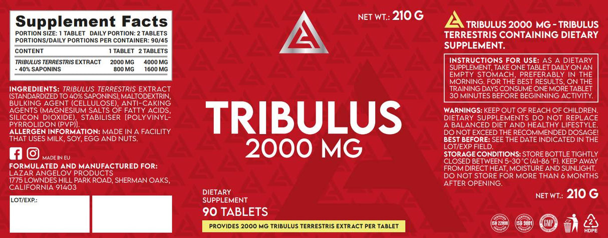 Tribulus 2000 mg | Mega Dose Tribulus Terrestris Extract - 90 Tablets - Nutra Best Europe