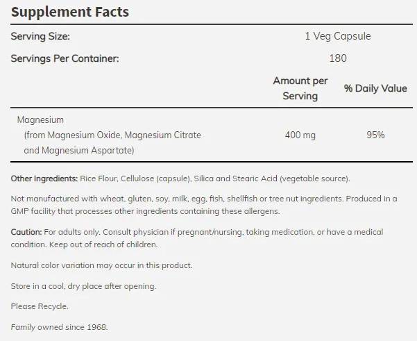 Magnesium Caps 400 mg - 180 capsules - Nutra Best Europe