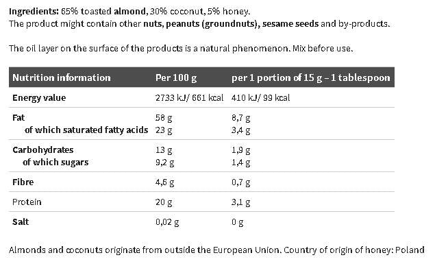 Almond Coconut Spread - Soft Crunchy 300 grams - Nutra Best Europe