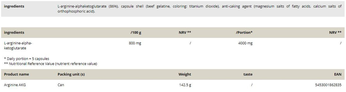 Arginine AKG / AAKG - 150 capsules - Nutra Best Europe