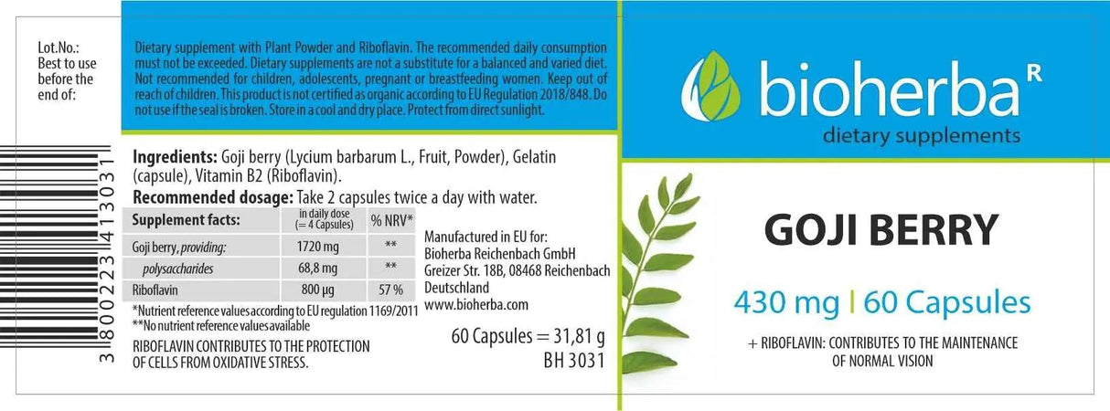 Goji Berry 430 mg - 60 capsules - Nutra Best Europe