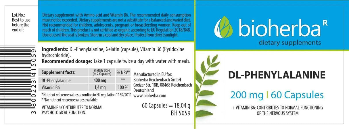 DL-Phenylalanine 200 mg - 60 capsules - Nutra Best Europe