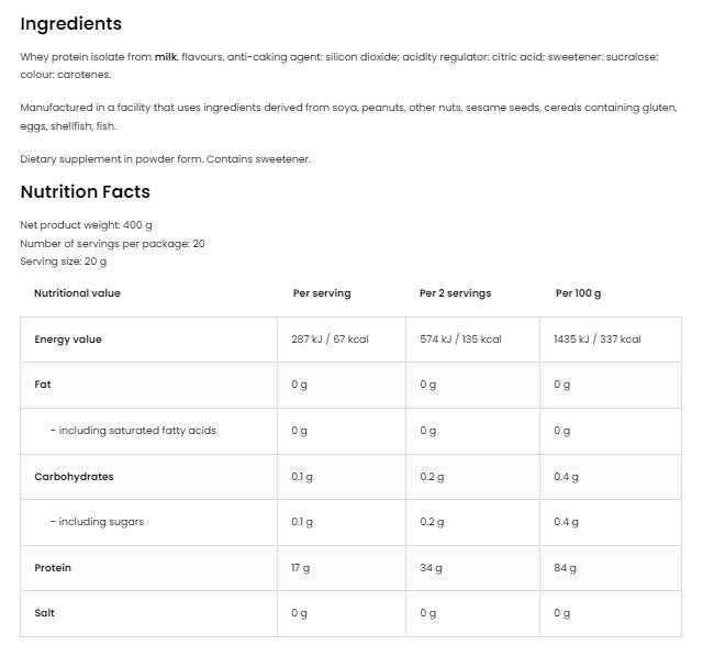 Clear Whey Isolate | 84% Whey Protein Isolate ~ Zero Fat and Carbs 400 grams - Nutra Best Europe