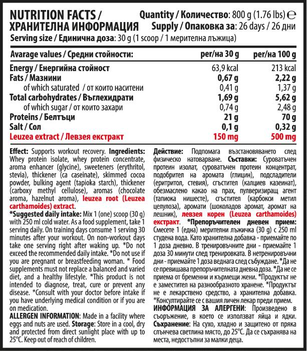 100% Whey Protein Isolate Matrix with Levzea | Chocolate and Hazelnut - 800 grams - Nutra Best Europe