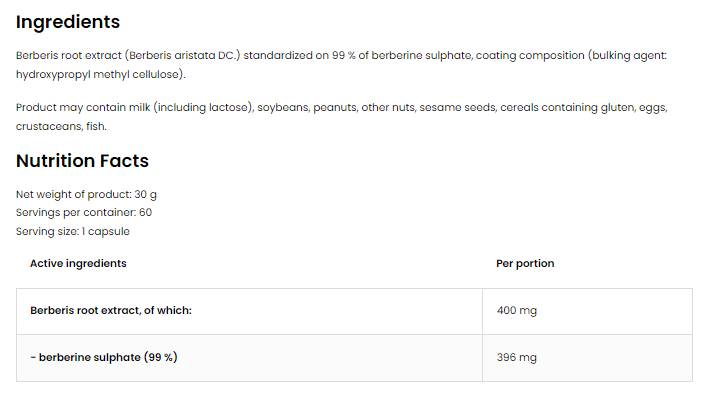 Berberine Sulphate 396 mg | 99% Berberis Root Extract 60 capsules - Nutra Best Europe