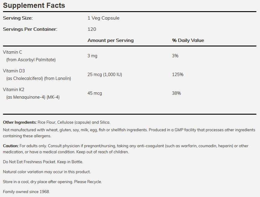 Vitamin D-3 1000 IU + K-2 45 mcg - 120 capsules - Nutra Best Europe