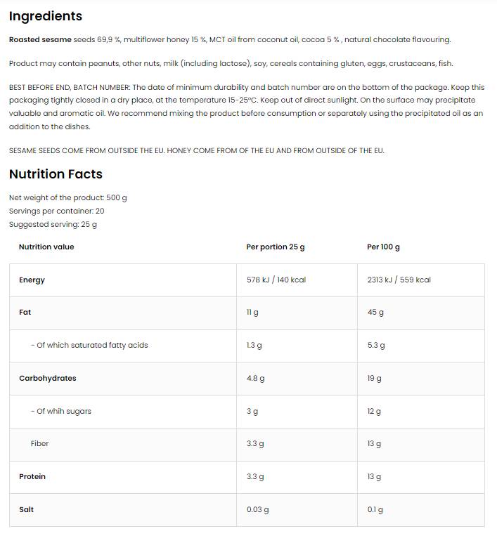 Tahini Flavored | with Multiflower Honey 500 grams - Nutra Best Europe