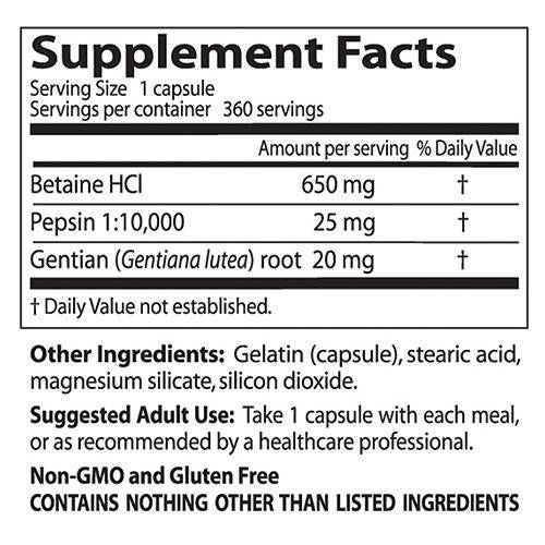 BEST Betaine HCL 650 mg / with Pepsin & Gentian Bitters - 360 capsules - Nutra Best Europe