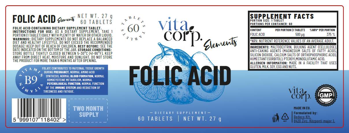 Folic Acid 500 mcg - 60 Tablets - Nutra Best Europe