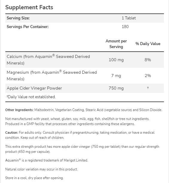 Apple Cider Vinegar 750mg | Extra Strength - 180 Tablets - Nutra Best Europe