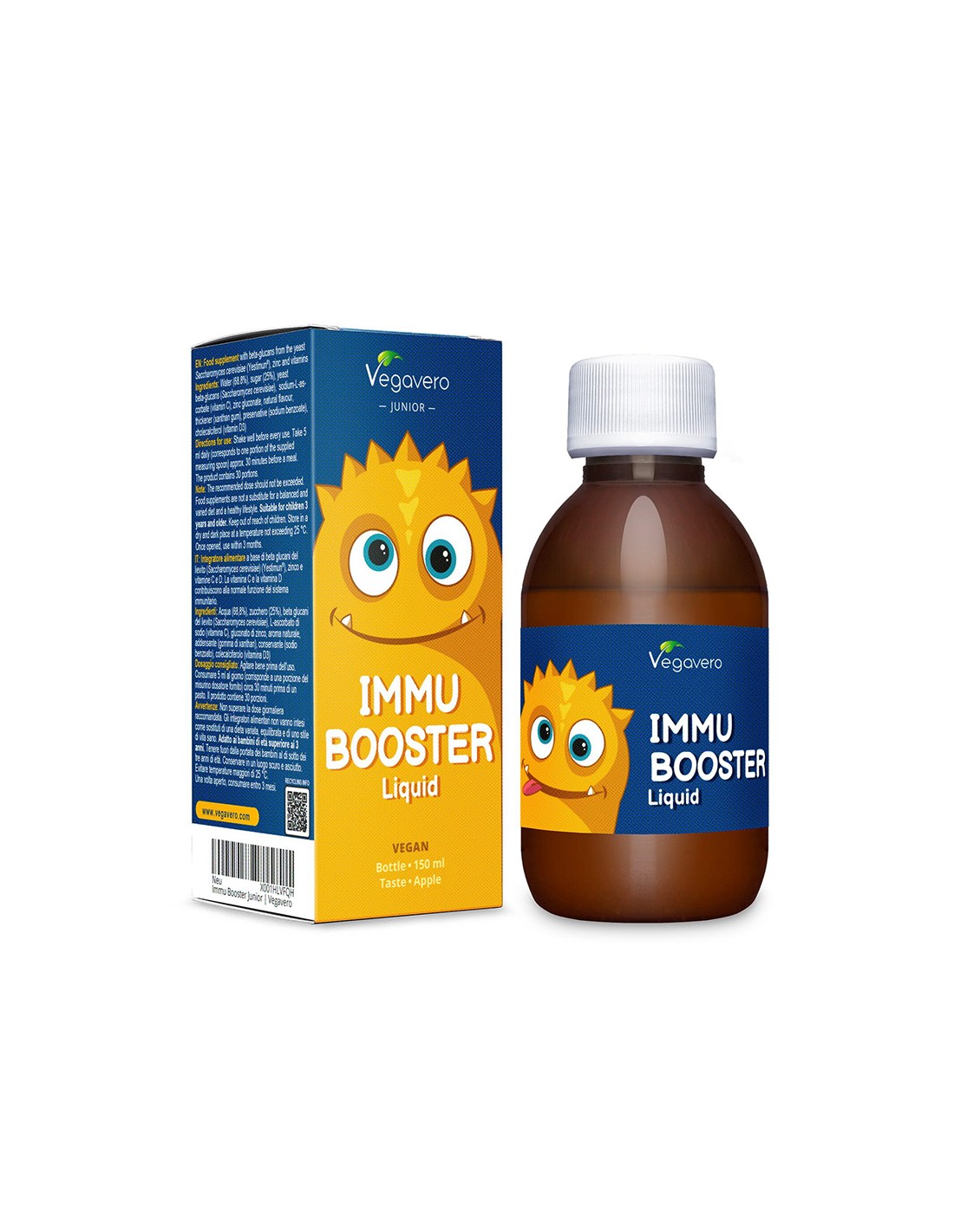 Immu Booster Liquid - Immune booster syrup for children with beta glucans, zinc + vitamin C and D3, 150 ml, apple flavor - Nutra Best Europe