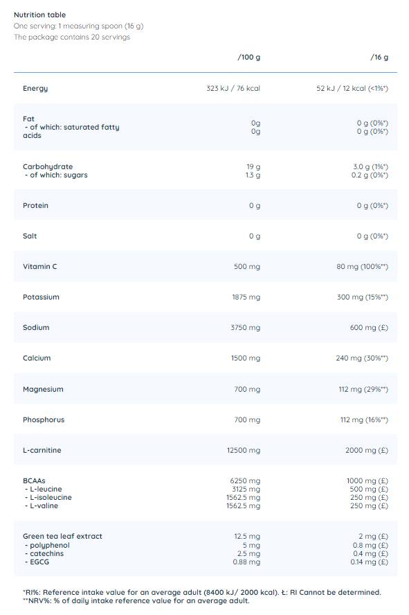 Electrolyte Powder | with BCAA, L-Carnitine & Green Tea - 320 grams - Nutra Best Europe