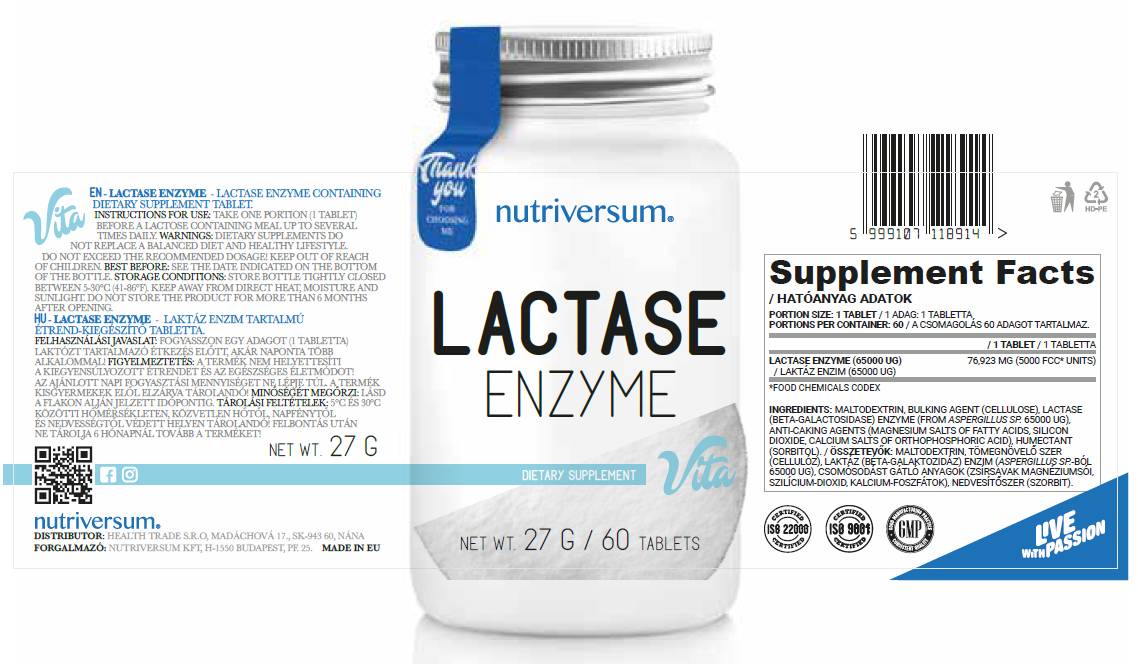 Lactase Enzyme - 60 Tablets - Nutra Best Europe