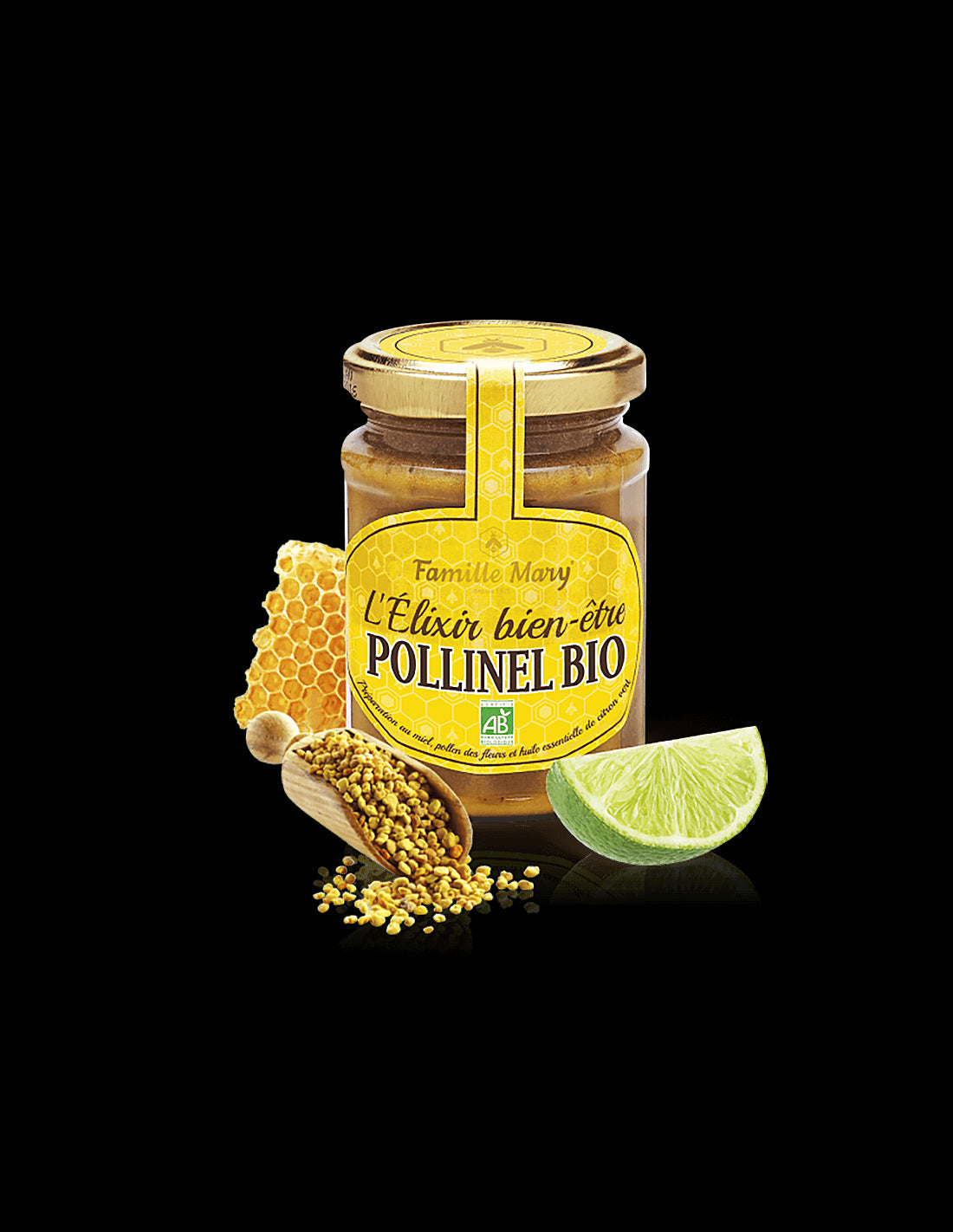 L'Elixir bien-être Pollinel BIO/ Organic floral honey with bee pollen and essential lime oil, 230 g Famille Mary - Nutra Best Europe