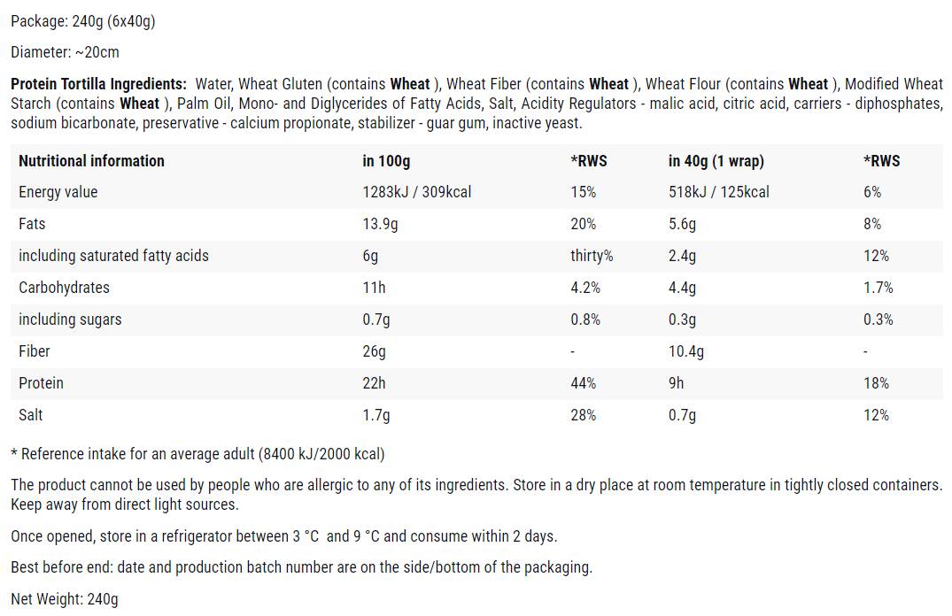 Protein Tortilla | Low-Carb High-Protein ~ Keto Friendly Wraps - 6 x 40 ( 240 ) grams - Nutra Best Europe