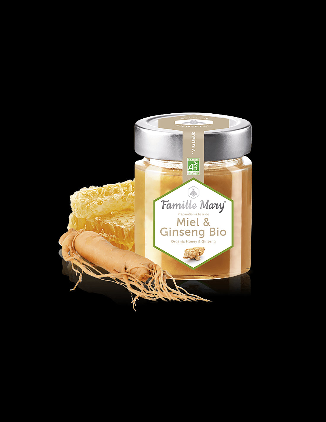 Miel & Ginseng Bio / Organic honey from forest flowers + ginseng, 170 g Famille Mary - Nutra Best Europe