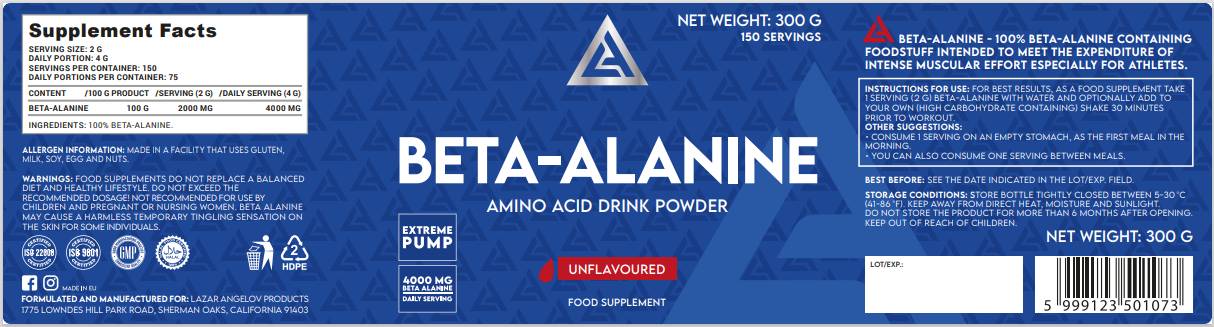 LA Beta-Alanine Powder - 300 grams - Nutra Best Europe