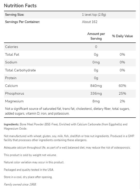 Bone Meal Powder | Excellent Calcium Source - 454 grams - Nutra Best Europe
